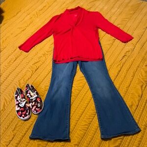 Red Top with Blue Flared Jeans and Patterned Shoes